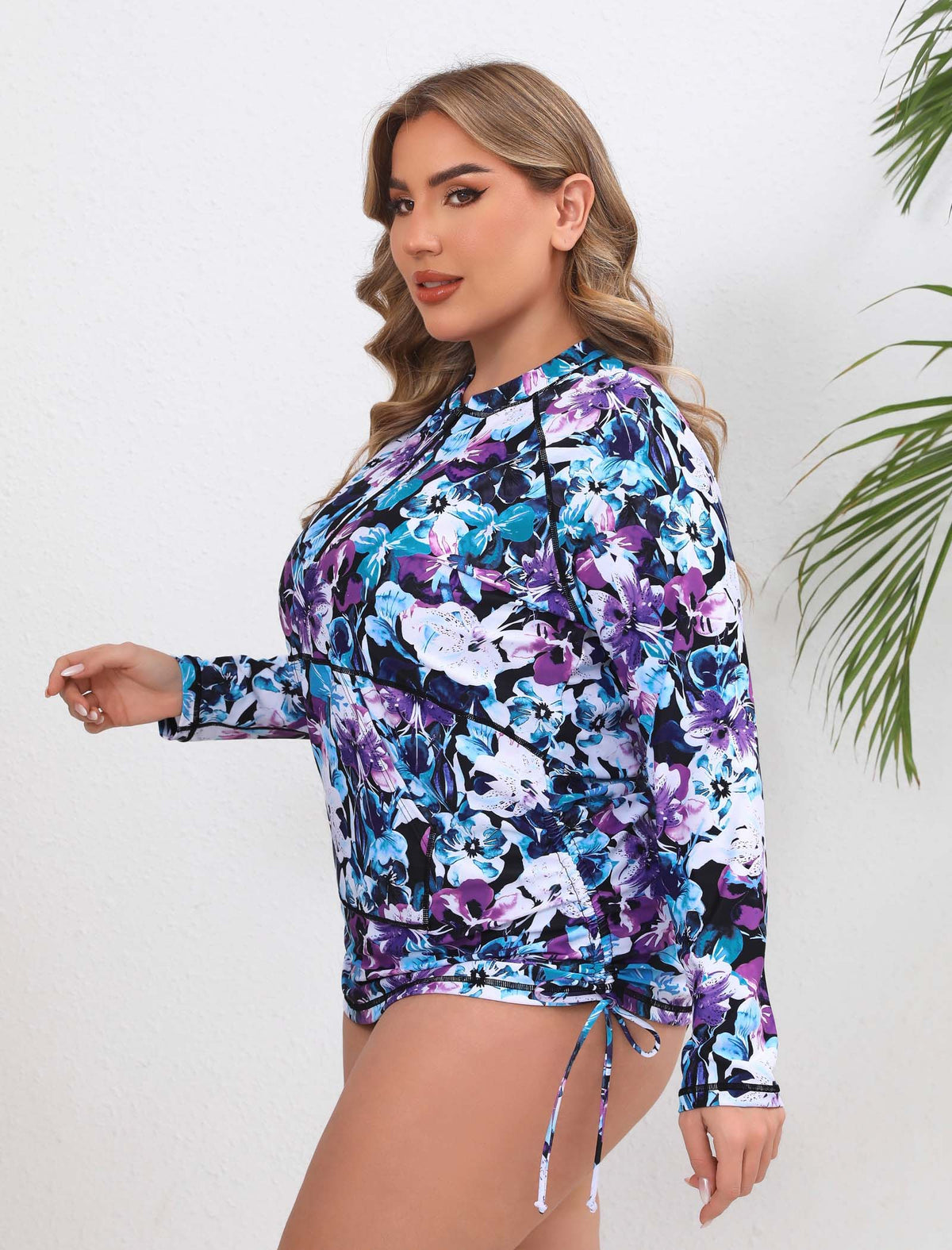 Sunny Escape Plus Size Drawstring Rash Guard Shirts with Front Pockets