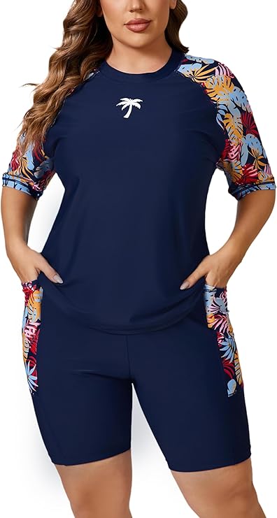 Morning Mist Plus Size Two Piece Rash Guard Sets with Built in Bra and Side Pockets