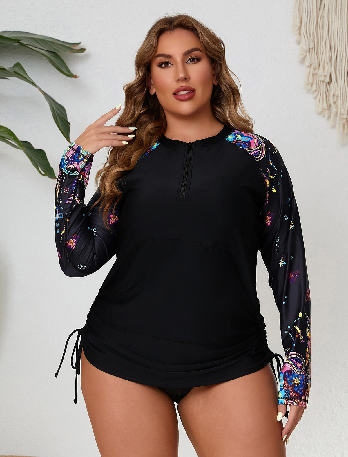 Sunny Escape Plus Size Drawstring Rash Guard Shirts with Front Pockets