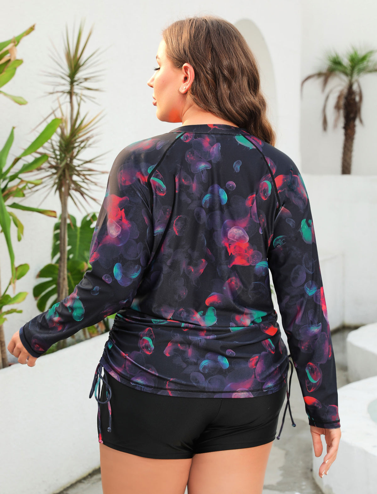Sunny Escape Plus Size Drawstring Rash Guard Shirts with Front Pockets