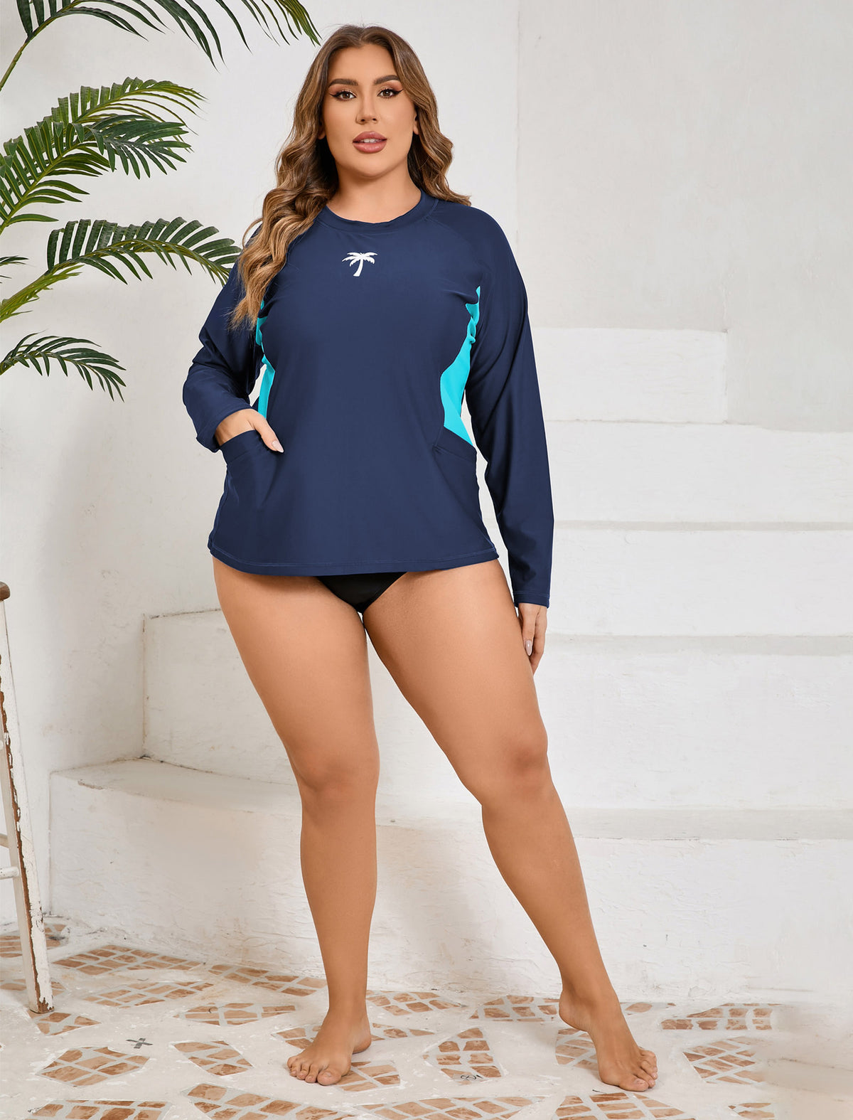 Island Breeze Plus Size Rash Guard Top Built in Bra with Pockets
