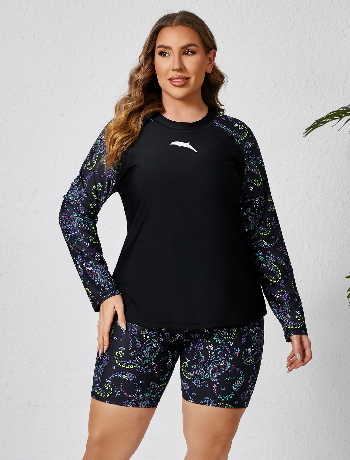 Ocean Bloom Plus Size 2 Piece Rash Guard Sets with Built in Bra
