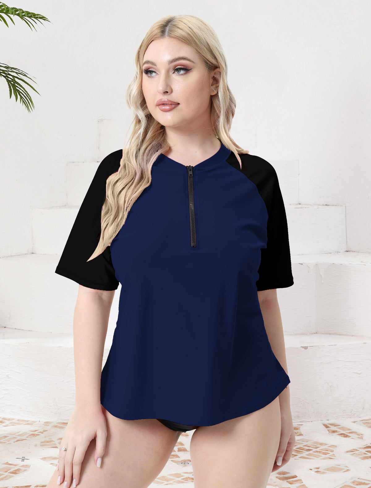 Sky Wave Plus Size Half Zip Short Sleeve Rash Guard Top