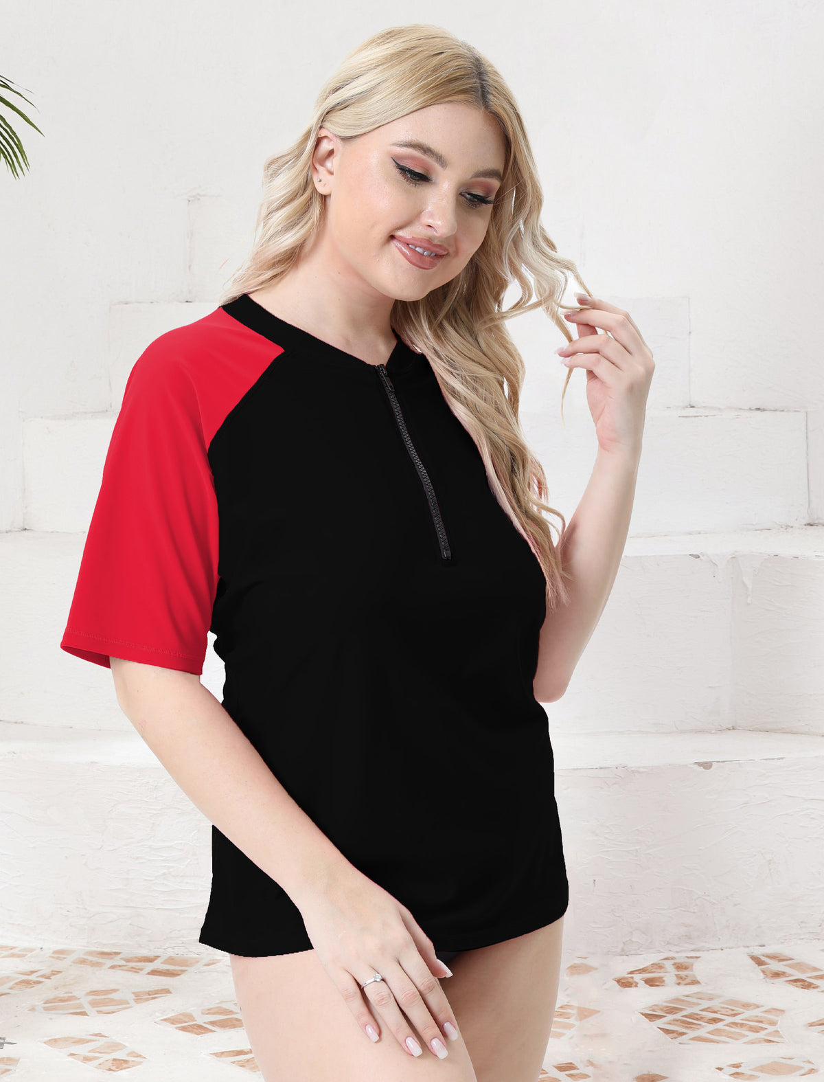 Sky Wave Plus Size Half Zip Short Sleeve Rash Guard Top