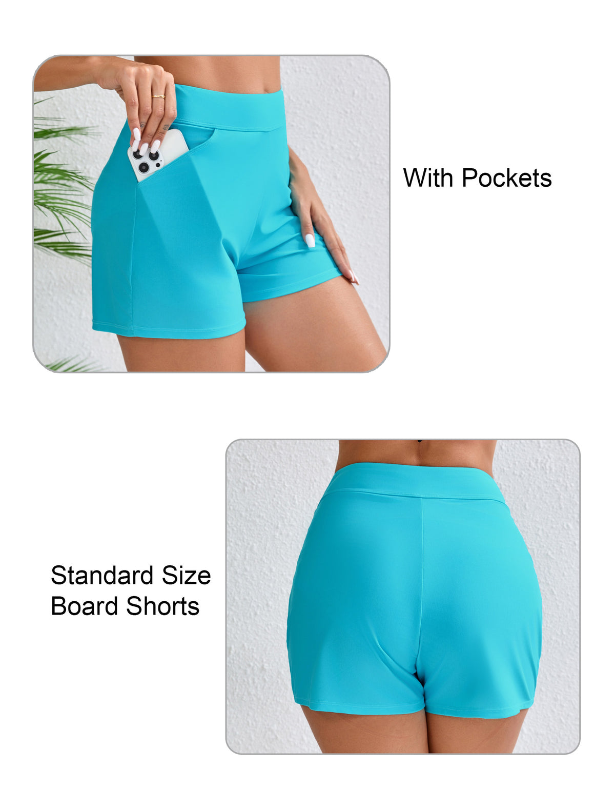 Salt Mist High Waisted Swim Board Shorts with Pockets and Liner