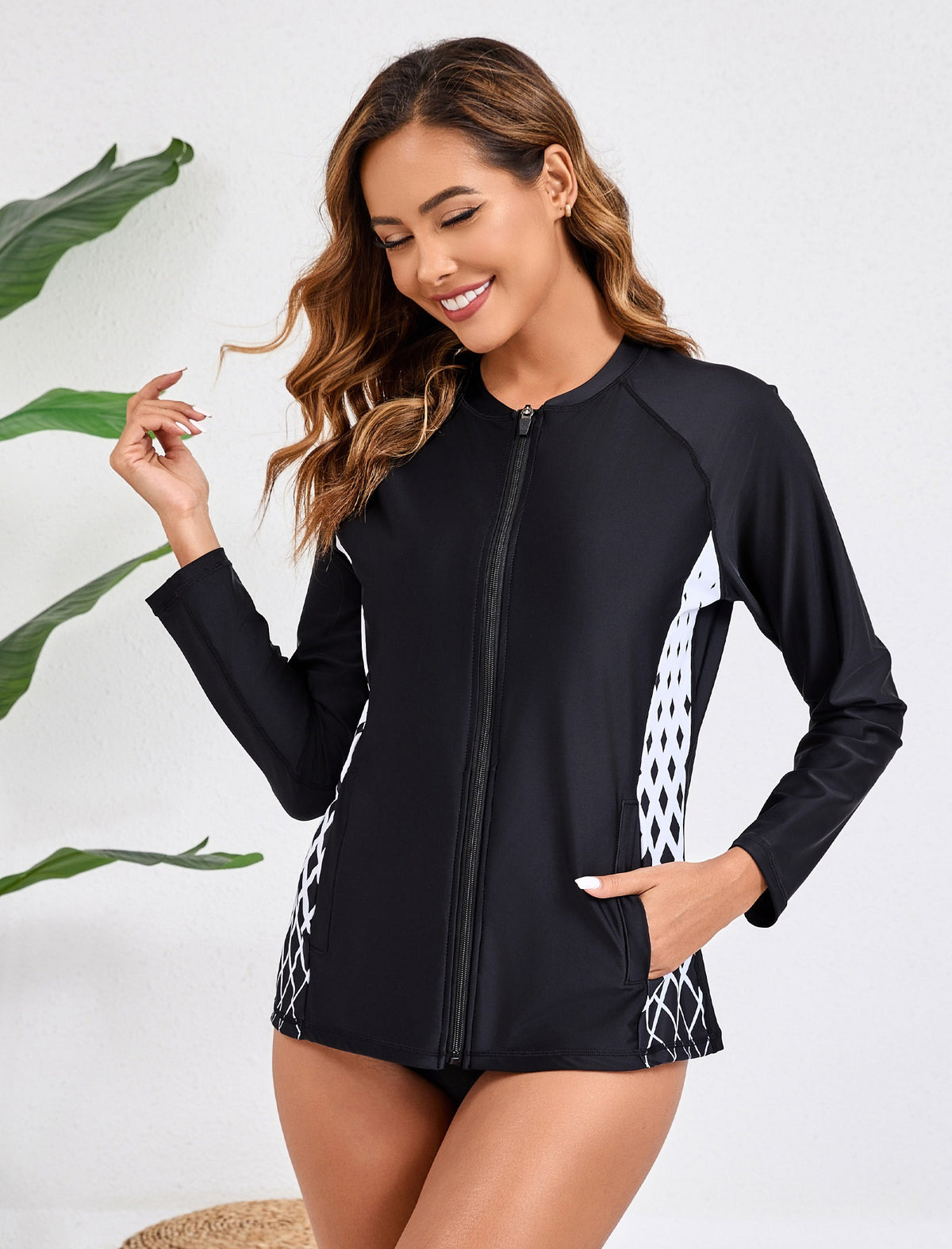Pastel Shore Full Zip Long Sleeve Rash Guard Shirts with Pockets