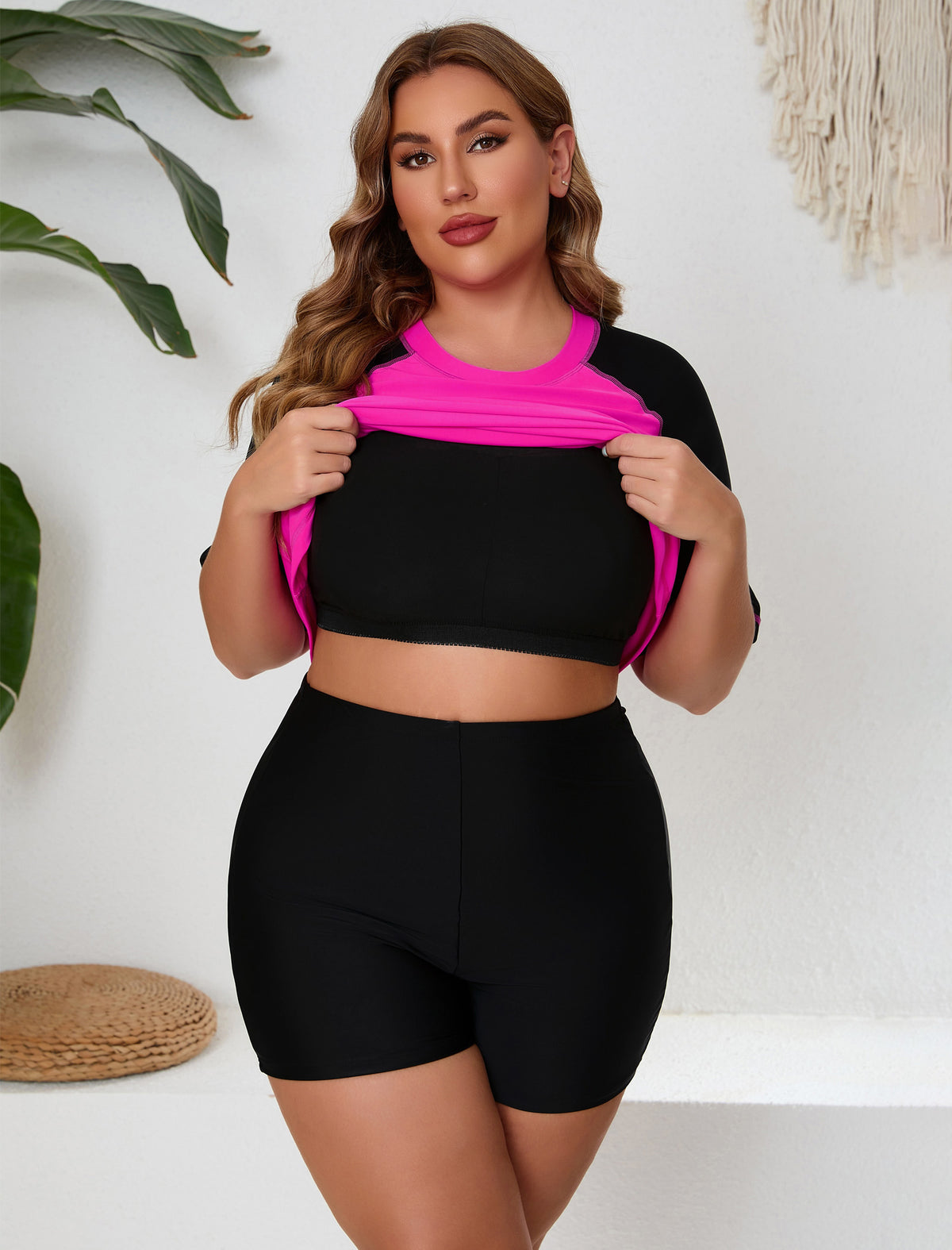 Endless Play Plus Size Short Sleeve Two Piece Rash Guard Sets with Built in Bra