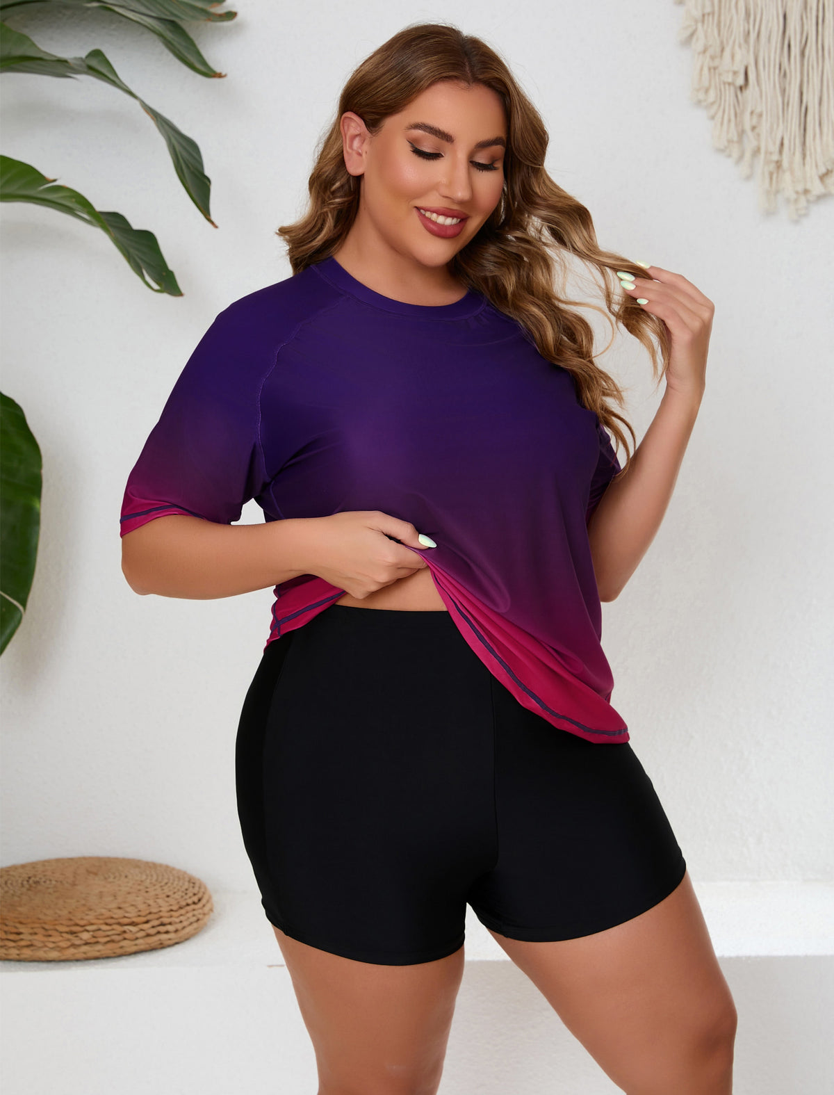 Endless Play Plus Size Short Sleeve Two Piece Rash Guard Sets with Built in Bra