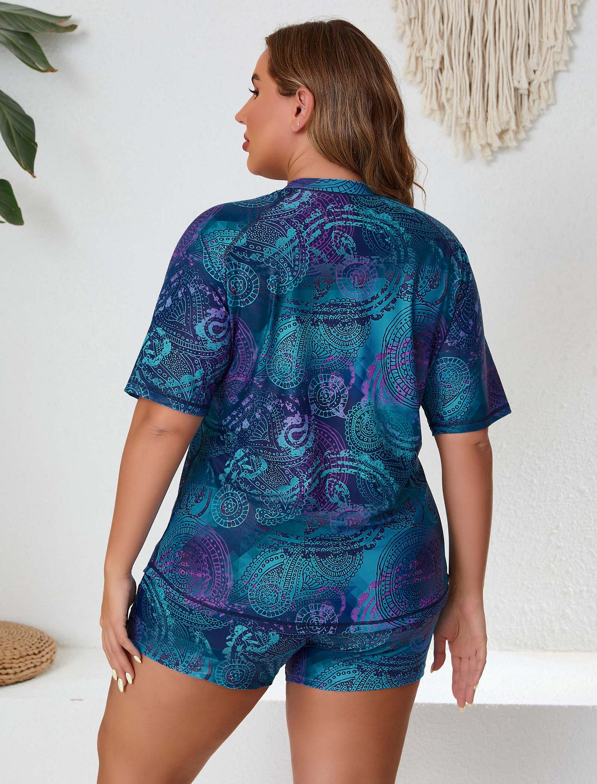 Endless Play Plus Size Short Sleeve Two Piece Rash Guard Sets with Built in Bra