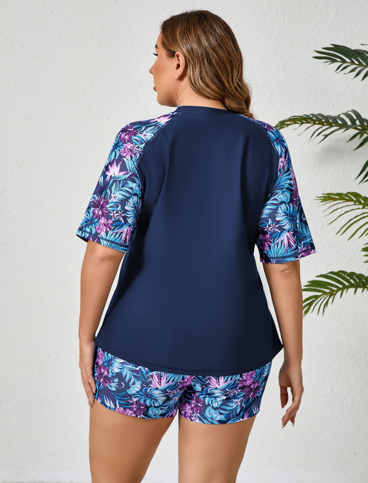 Endless Play Plus Size Short Sleeve Two Piece Rash Guard Sets with Built in Bra