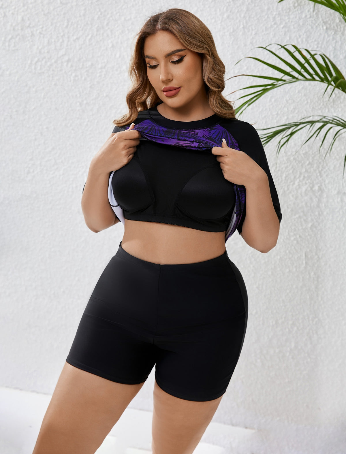 Endless Play Plus Size Short Sleeve Two Piece Rash Guard Sets with Built in Bra