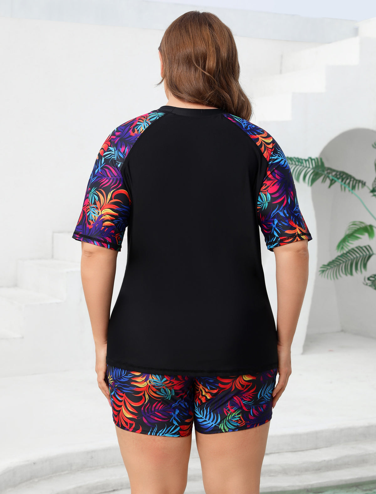 Endless Play Plus Size Short Sleeve Two Piece Rash Guard Sets with Built in Bra