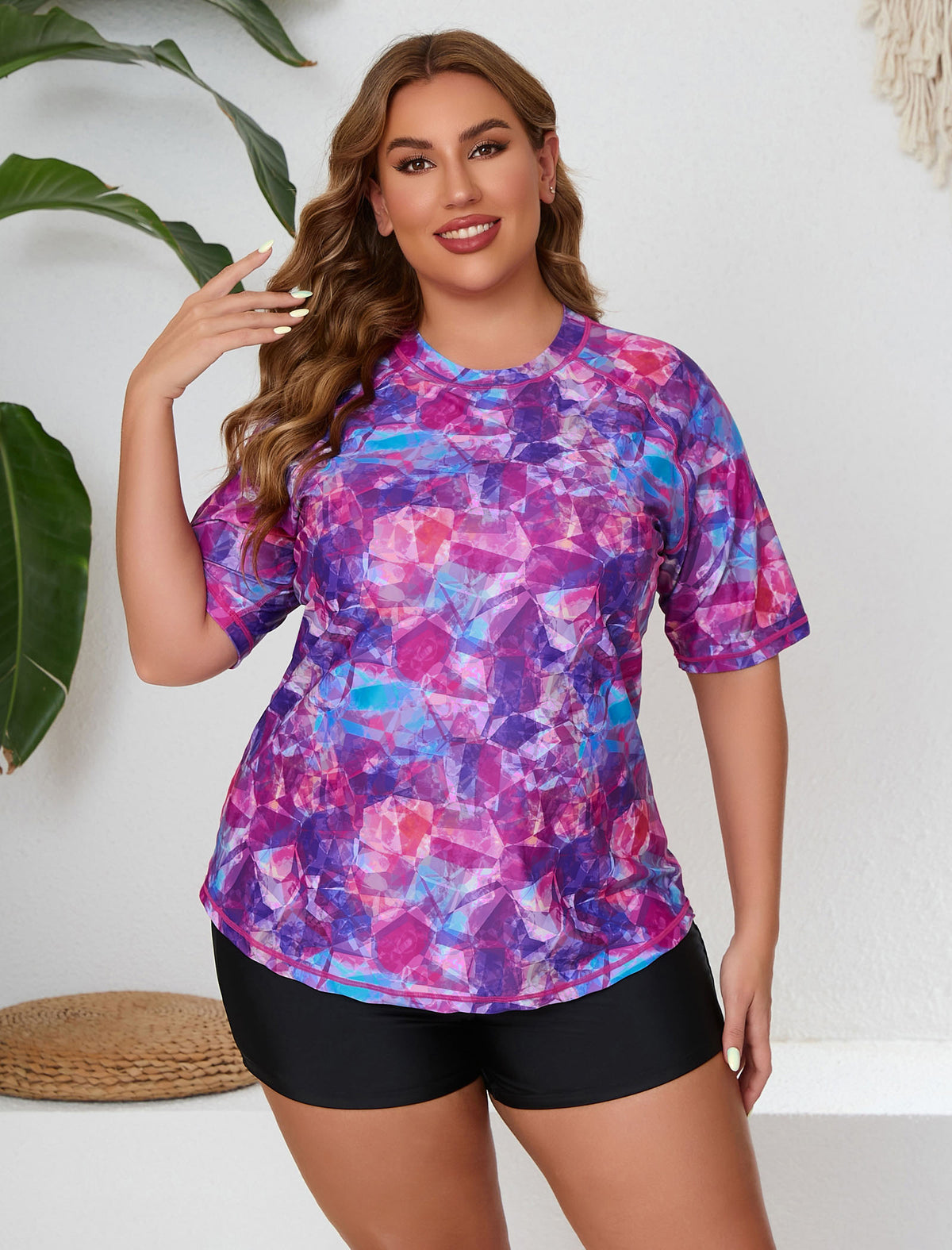 Endless Play Plus Size Short Sleeve Two Piece Rash Guard Sets with Built in Bra