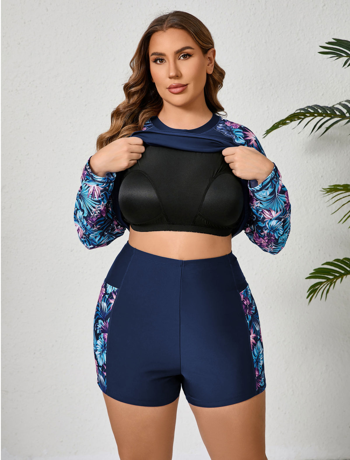 Holiday Uniform Plus Size Two Piece Rash Guard Sets with Built in Bra