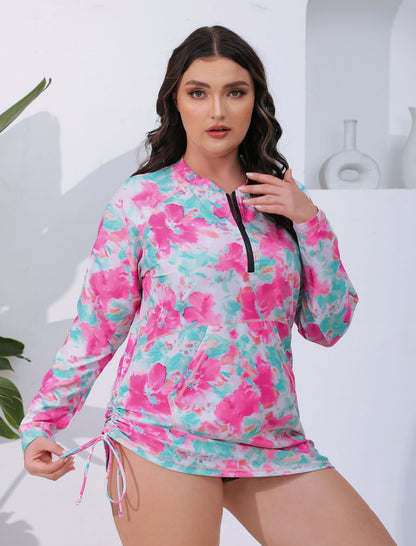 Sunny Escape Plus Size Drawstring Rash Guard Shirts with Front Pockets