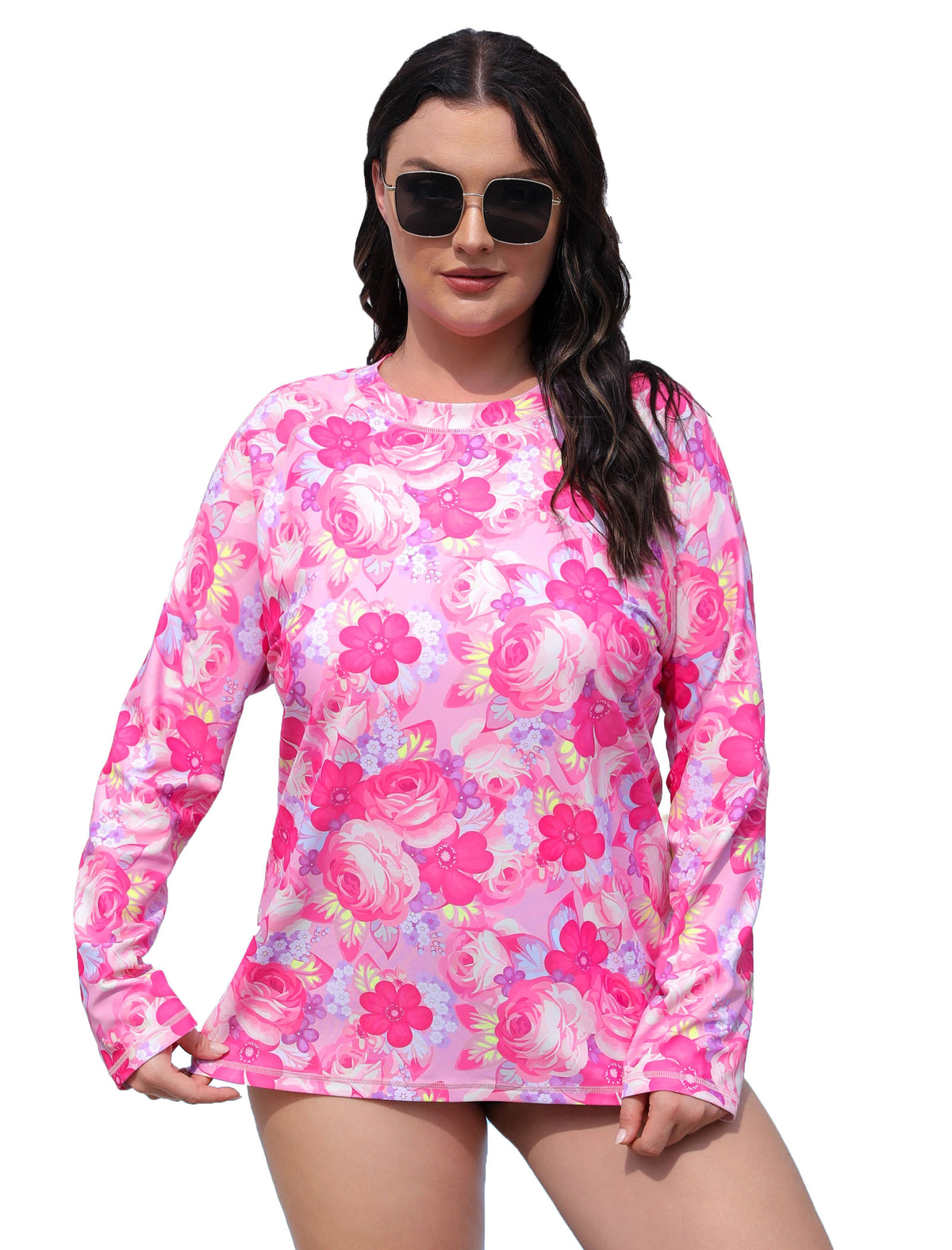 Vacation Glow Plus Size Long Sleeve Rash Guard Shirts with Built in Bra