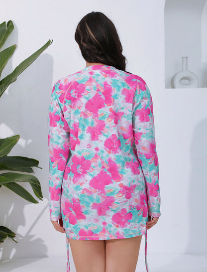 Sunny Escape Plus Size Drawstring Rash Guard Shirts with Front Pockets