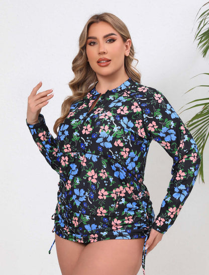 Sunny Escape Plus Size Drawstring Rash Guard Shirts with Front Pockets