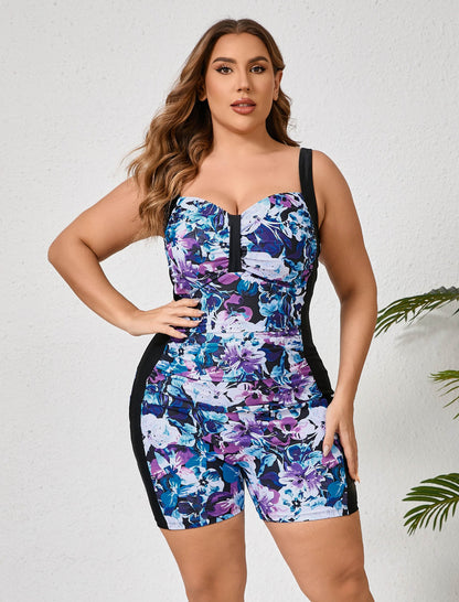 Maillot de bain une pièce Halcurt grande taille pour femme, coupe shorty, avec short intégré