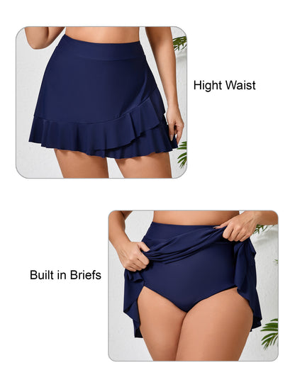 Lagoon Haze Plus Size High Waisted Ruffle Swim Skirts Built in Breifs