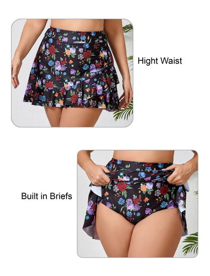 Lagoon Haze Plus Size High Waisted Ruffle Swim Skirts Built in Breifs