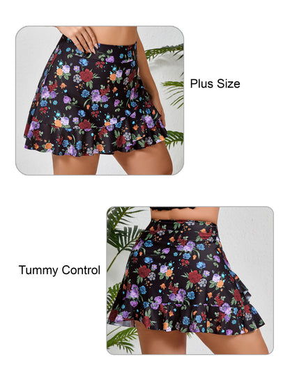 Lagoon Haze Plus Size High Waisted Ruffle Swim Skirts Built in Breifs