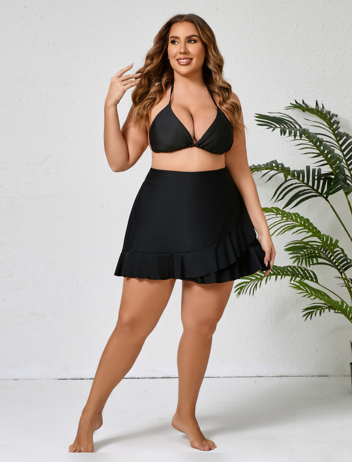 Lagoon Haze Plus Size High Waisted Ruffle Swim Skirts Built in Breifs