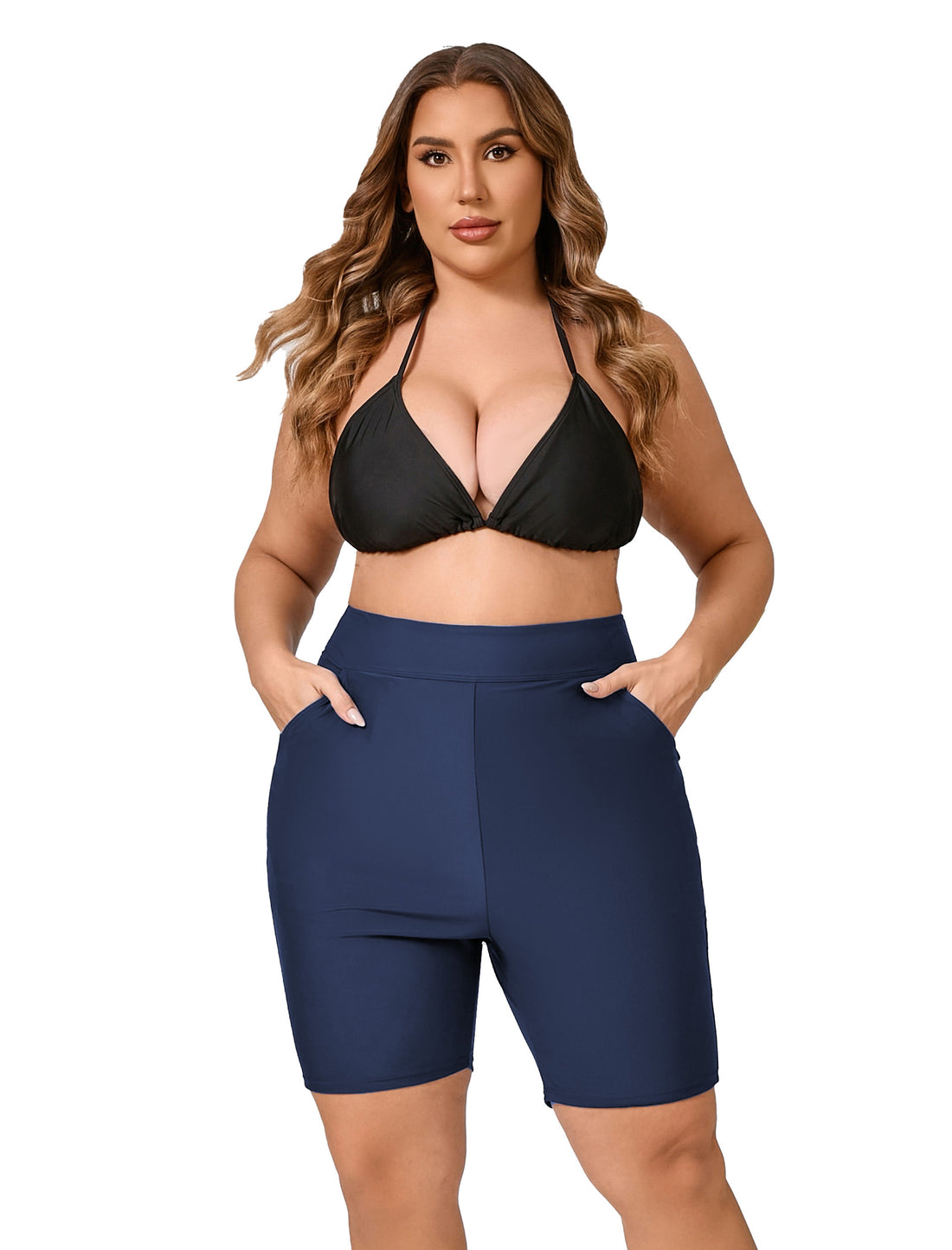 Island Glow Plus Size High Waisted Swim Board Short with Pockets