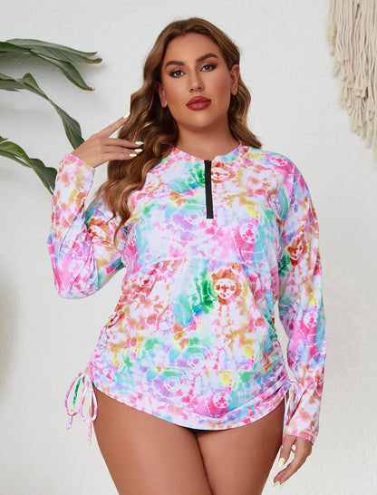 Sunny Escape Plus Size Drawstring Rash Guard Shirts with Front Pockets