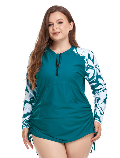 Sunny Escape Plus Size Drawstring Rash Guard Shirts with Front Pockets