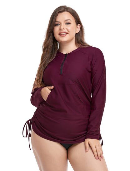 Sunny Escape Plus Size Drawstring Rash Guard Shirts with Front Pockets