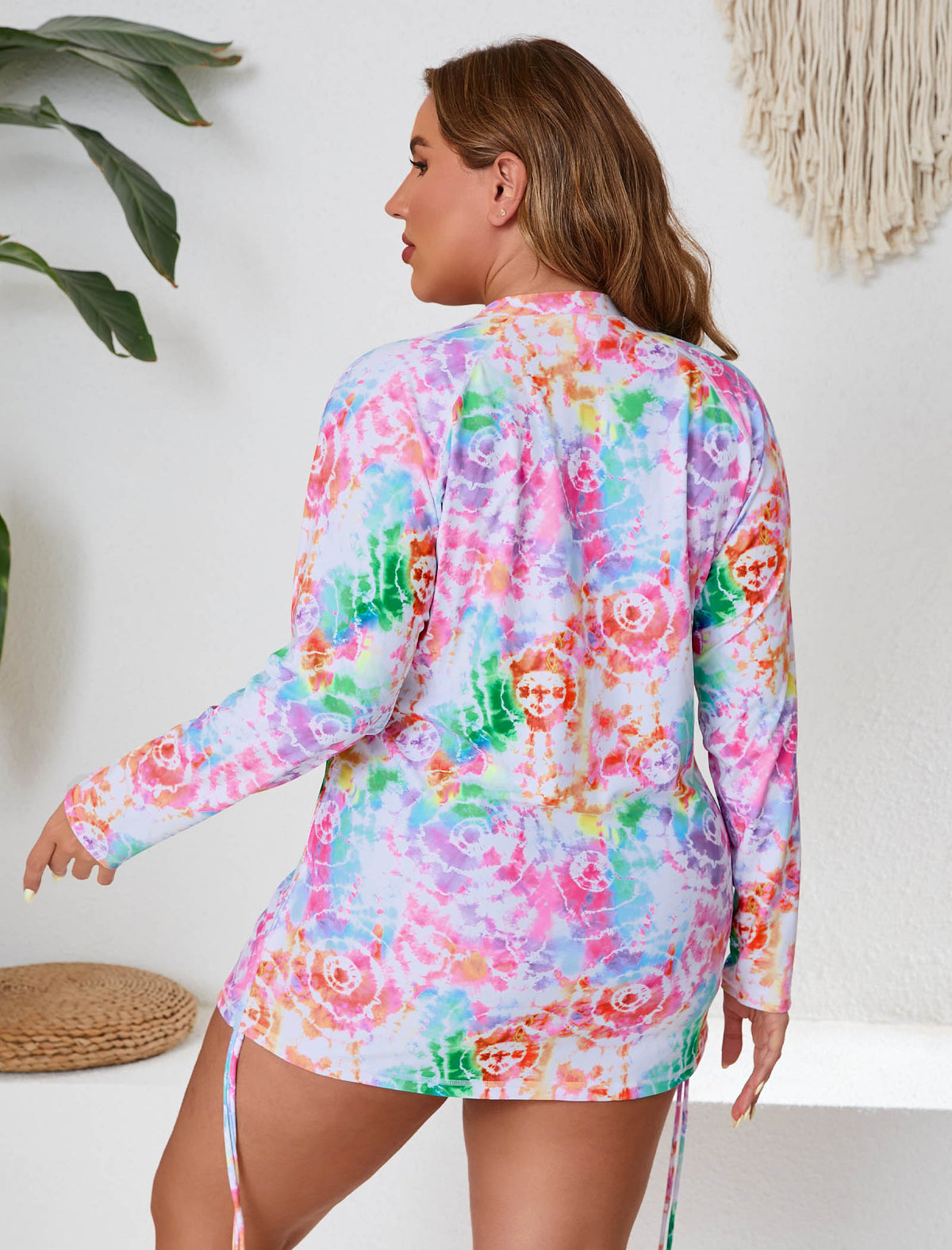Sunny Escape Plus Size Drawstring Rash Guard Shirts with Front Pockets
