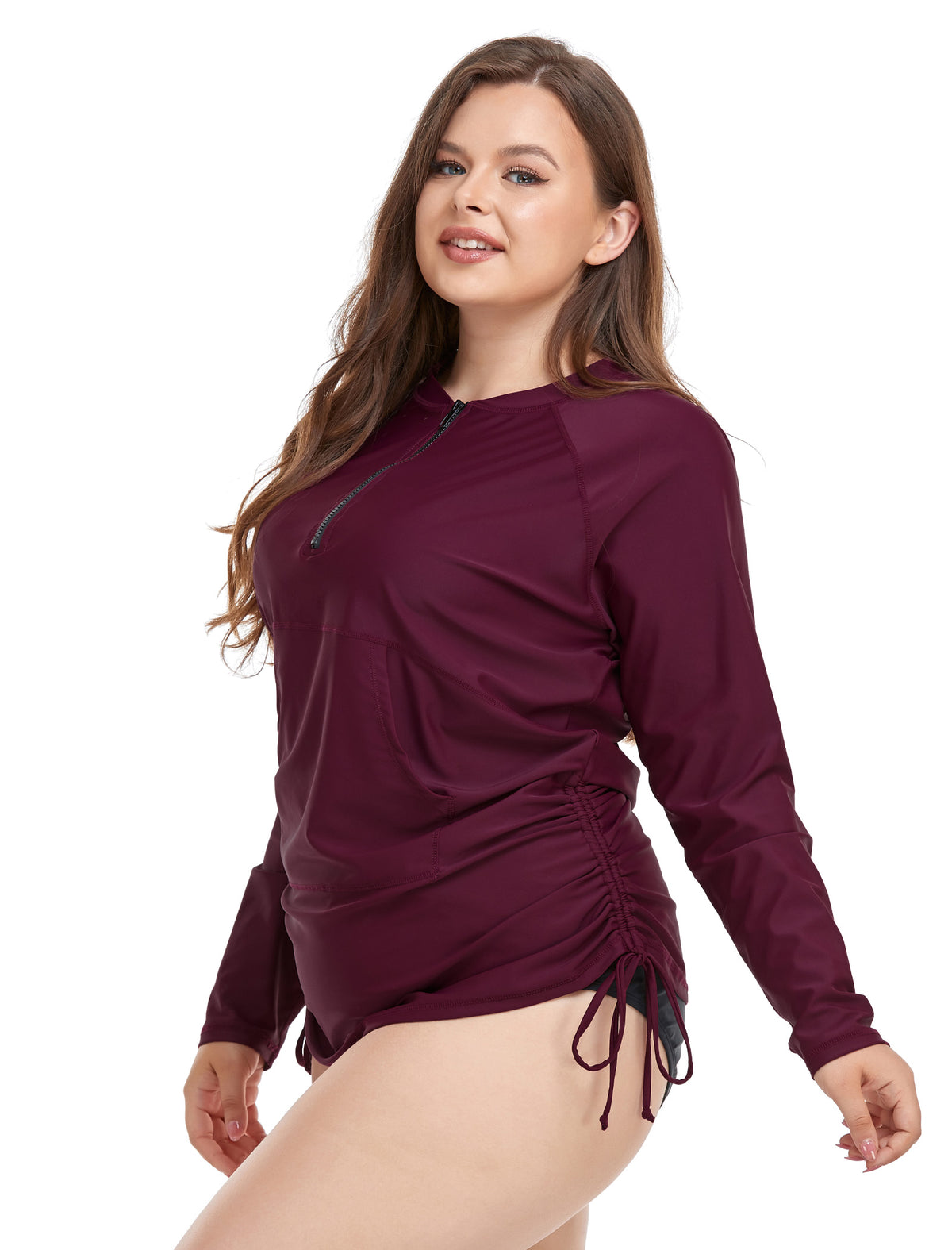 Sunny Escape Plus Size Drawstring Rash Guard Shirts with Front Pockets