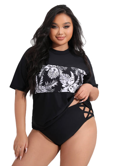 Haut de maillot de bain anti-UV à manches courtes pour femmes rondes Halcurt