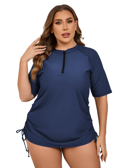 Coral Dawn Plus Size Half Zip Adustablie Drawstring Rash Guard Shirts