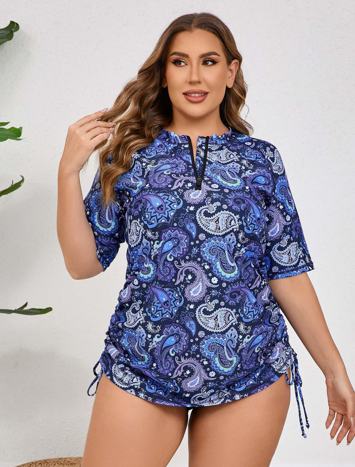 Coral Dawn Plus Size Half Zip Adustablie Drawstring Rash Guard Shirts