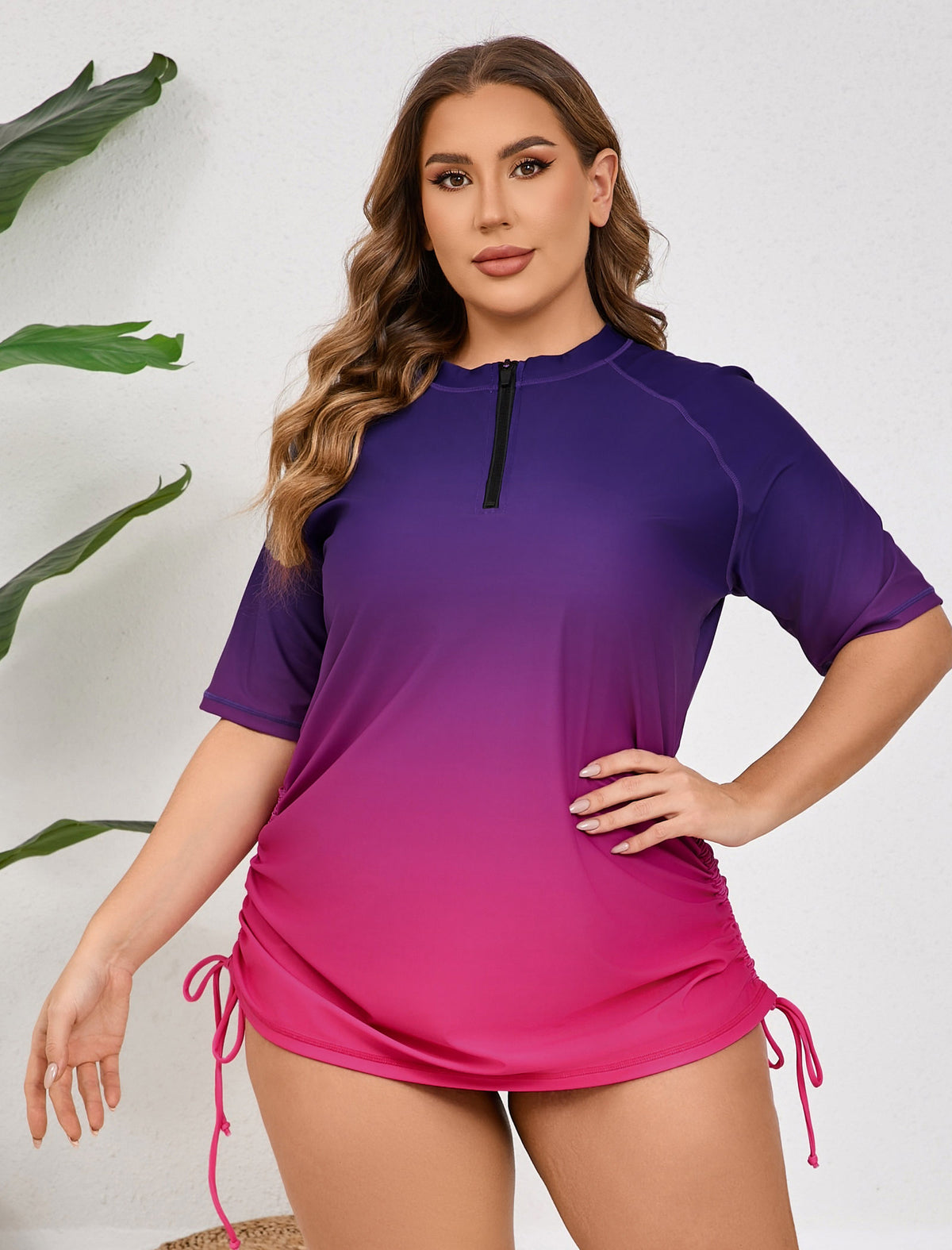 Coral Dawn Plus Size Half Zip Adustablie Drawstring Rash Guard Shirts