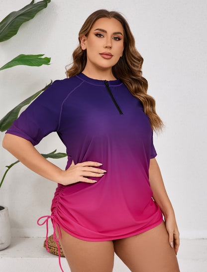 Coral Dawn Plus Size Half Zip Adustablie Drawstring Rash Guard Shirts