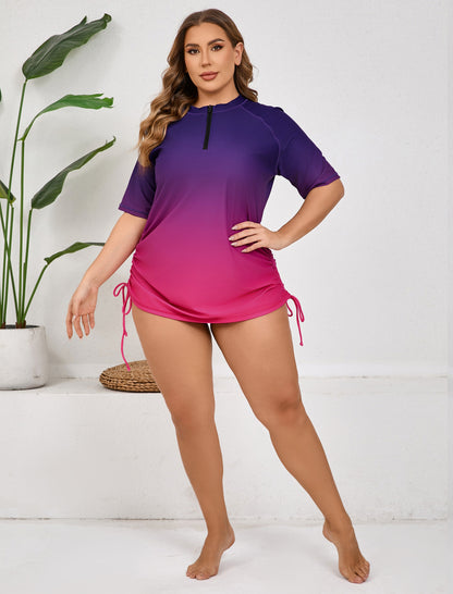 Coral Dawn Plus Size Half Zip Adustablie Drawstring Rash Guard Shirts