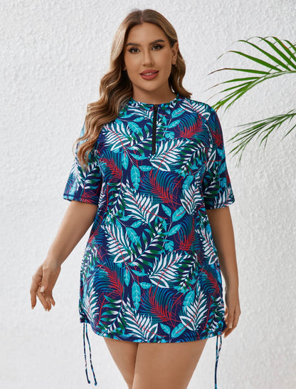 Coral Dawn Plus Size Half Zip Adustablie Drawstring Rash Guard Shirts