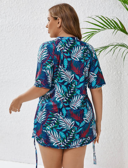 Coral Dawn Plus Size Half Zip Adustablie Drawstring Rash Guard Shirts