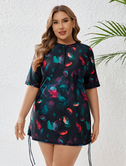 Coral Dawn Plus Size Half Zip Adustablie Drawstring Rash Guard Shirts