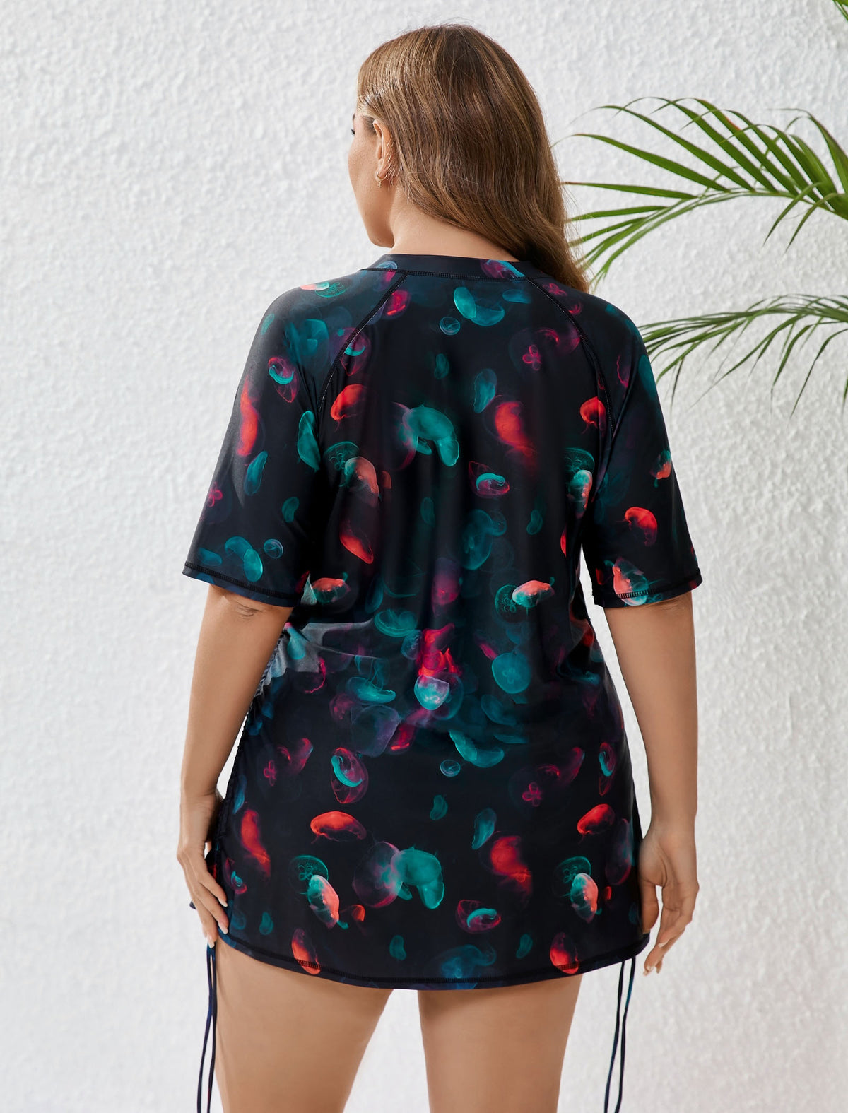 Coral Dawn Plus Size Half Zip Adustablie Drawstring Rash Guard Shirts