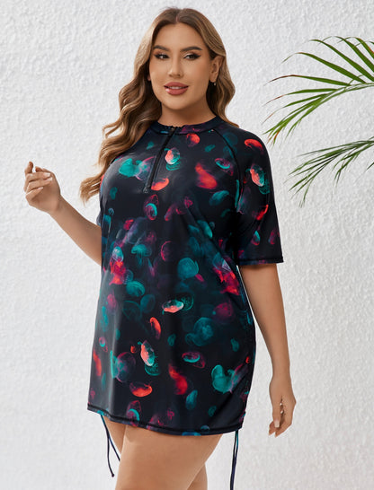Coral Dawn Plus Size Half Zip Adustablie Drawstring Rash Guard Shirts