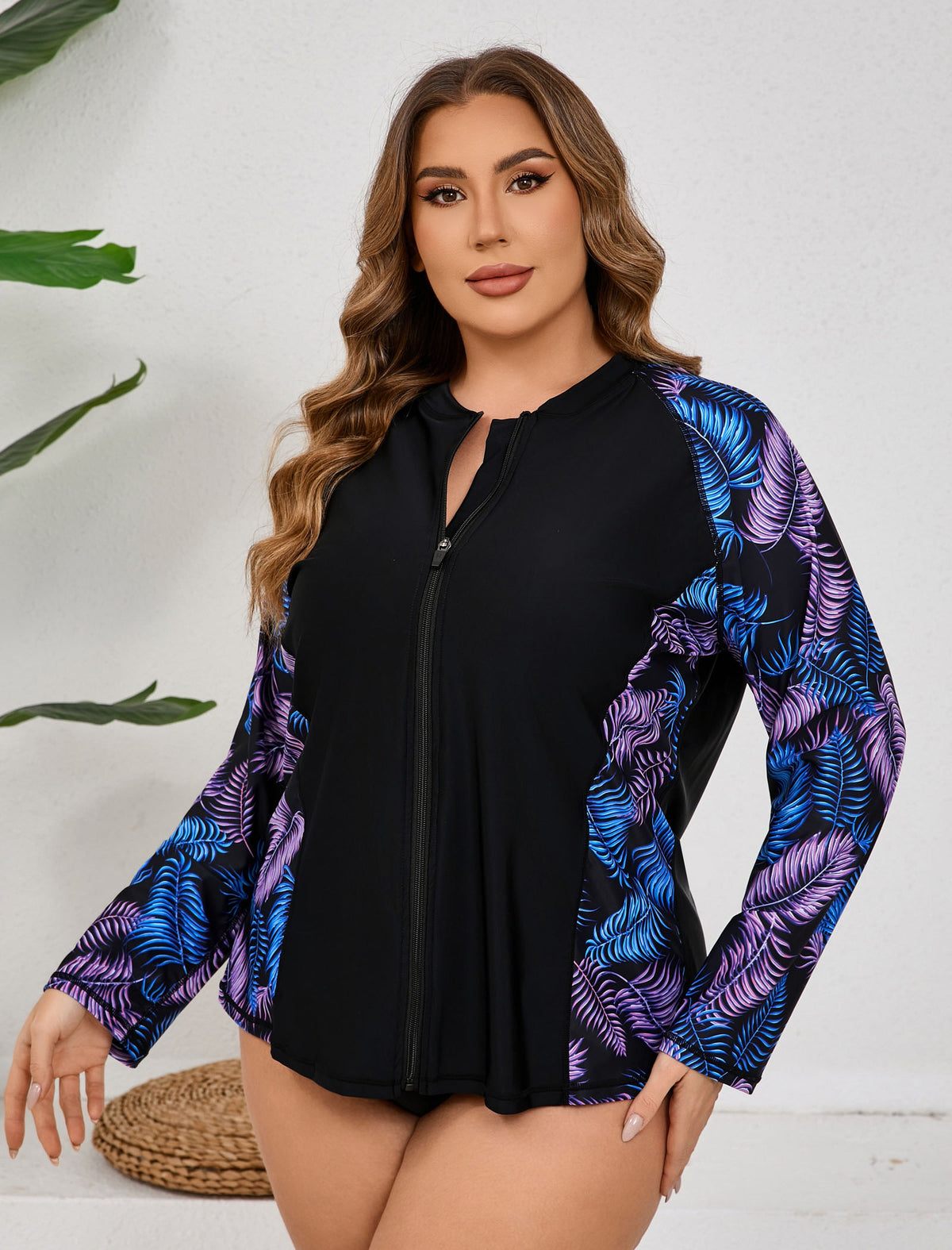 Haut de maillot de bain Halcurt pour femme grande taille, manches longues, fermeture éclair intégrale