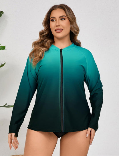 Halcurt Damen Plus Size Langarm-Rashguard-Shirts mit durchgehendem Reißverschluss Badeoberteil