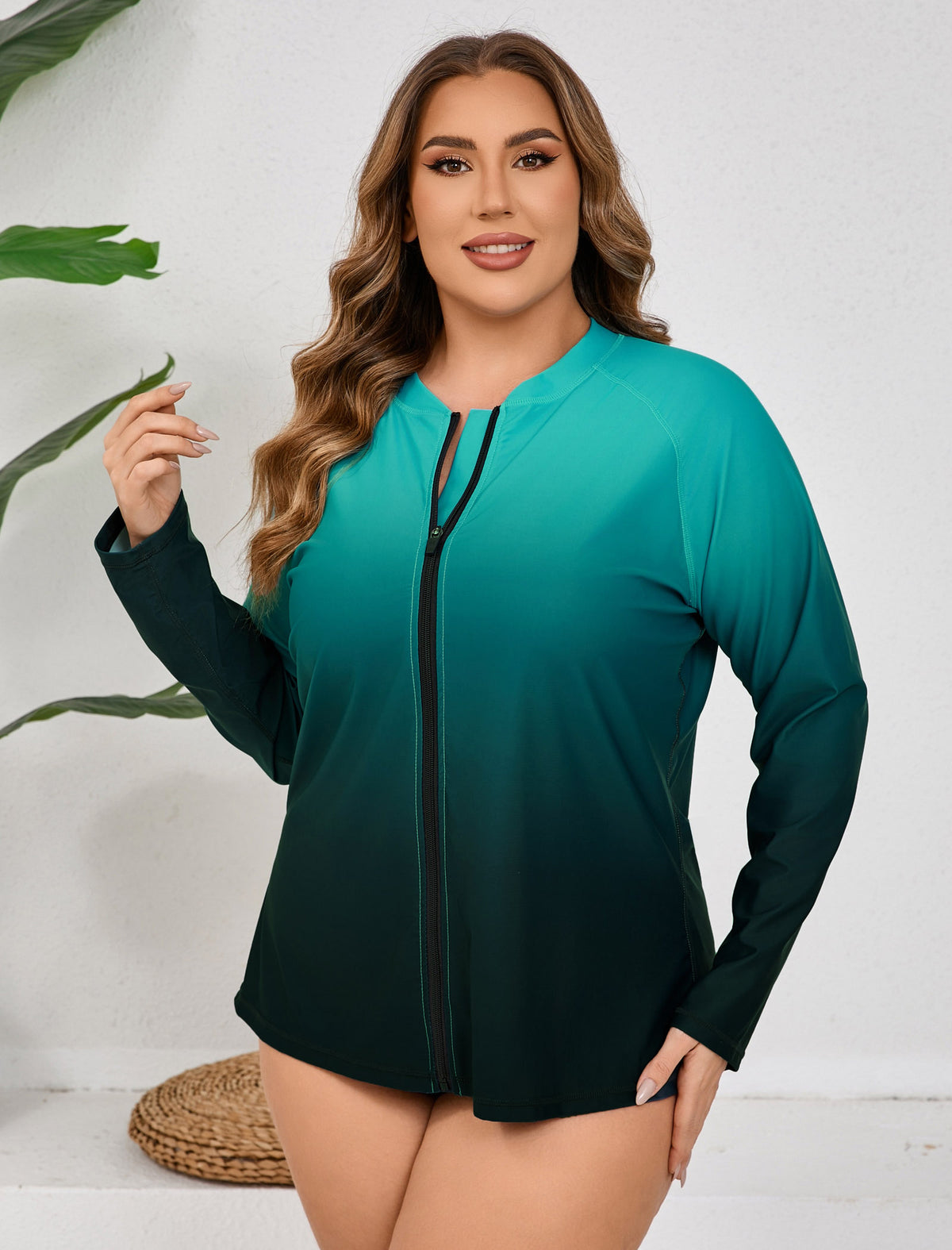 Halcurt Damen Plus Size Langarm-Rashguard-Shirts mit durchgehendem Reißverschluss Badeoberteil