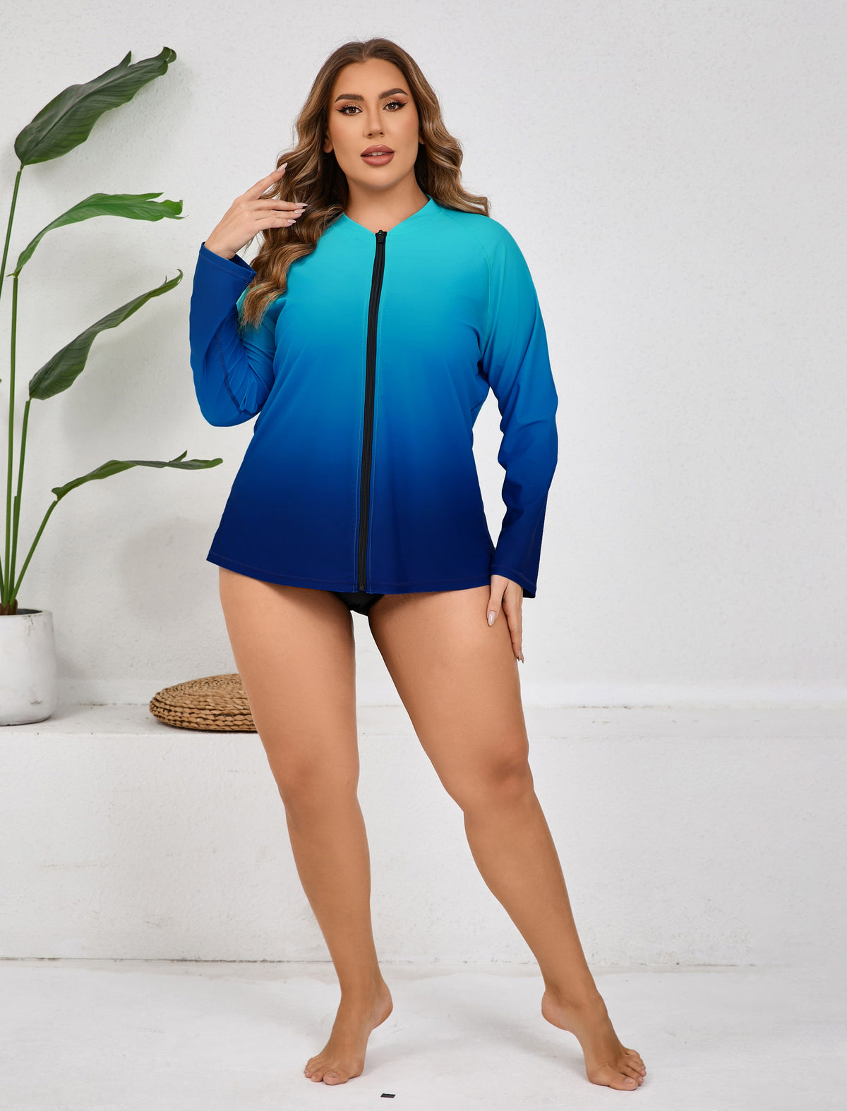 Halcurt Damen Plus Size Langarm-Rashguard-Shirts mit durchgehendem Reißverschluss Badeoberteil