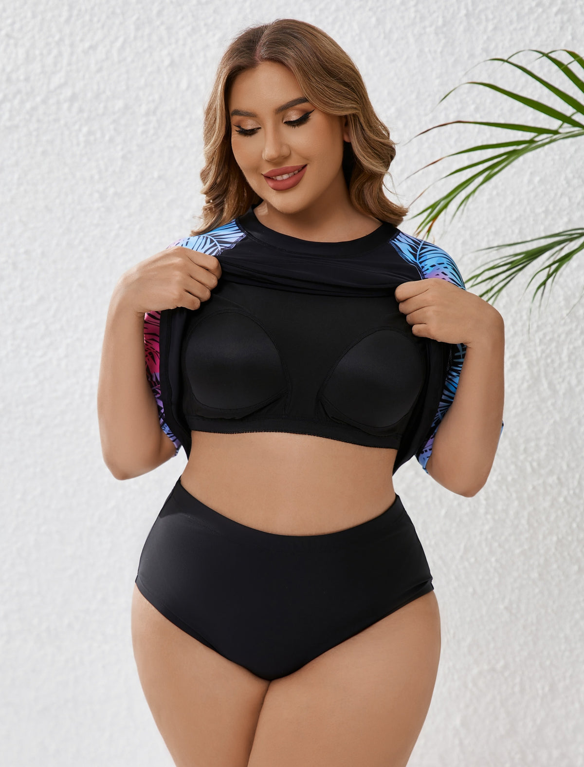 Moonlit Beach Plus Size Rash Guard Shirts with Built in Bra