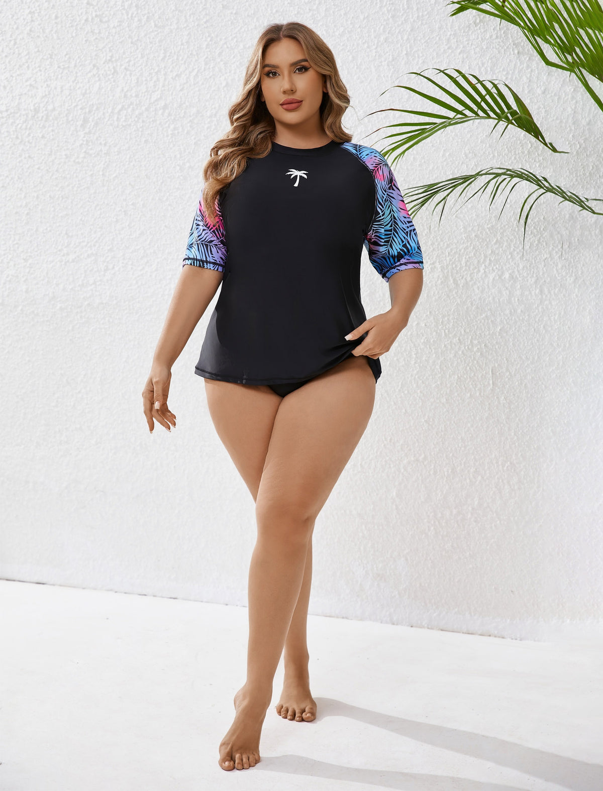 Moonlit Beach Plus Size Rash Guard Shirts with Built in Bra